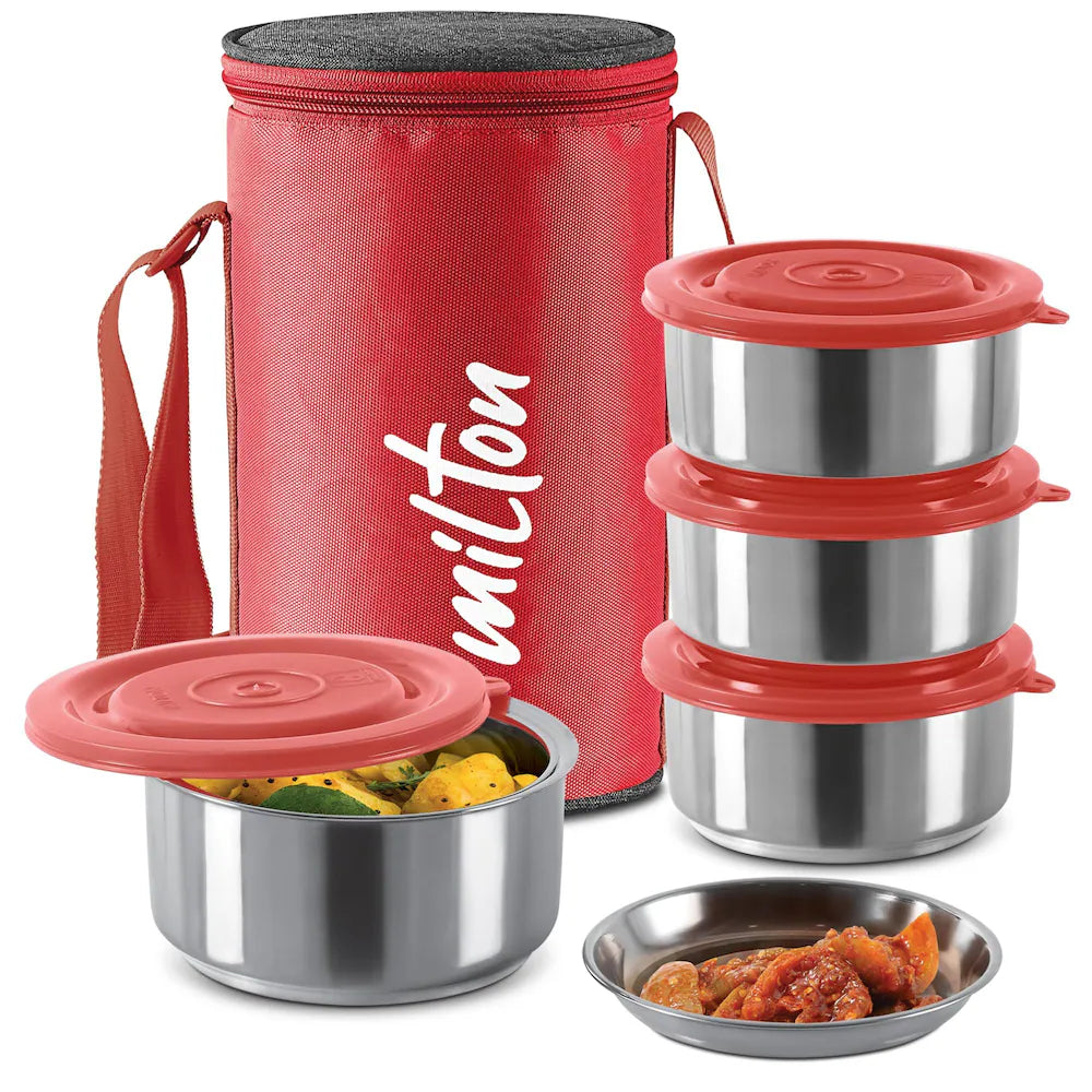 MILTON Ambition 4 Stainless Steel Tiffin, 4 Containers, 300 ml Each with Jacket, Red | Light Weight | Easy to Carry | Leak Proof | Food Grade | Odour Proof