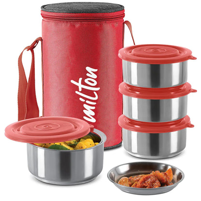 MILTON Ambition 4 Stainless Steel Tiffin, 4 Containers, 300 ml Each with Jacket, Red | Light Weight | Easy to Carry | Leak Proof | Food Grade | Odour Proof