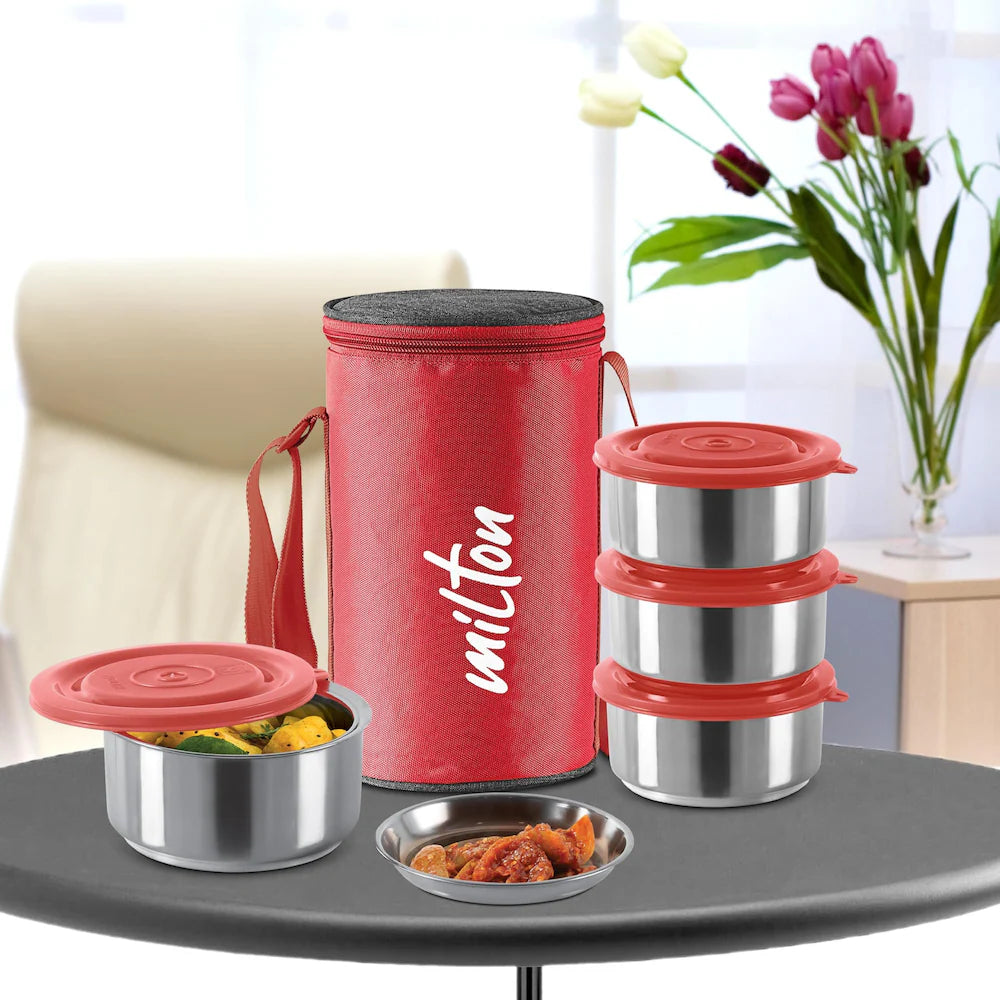 MILTON Ambition 4 Stainless Steel Tiffin, 4 Containers, 300 ml Each with Jacket, Red | Light Weight | Easy to Carry | Leak Proof | Food Grade | Odour Proof