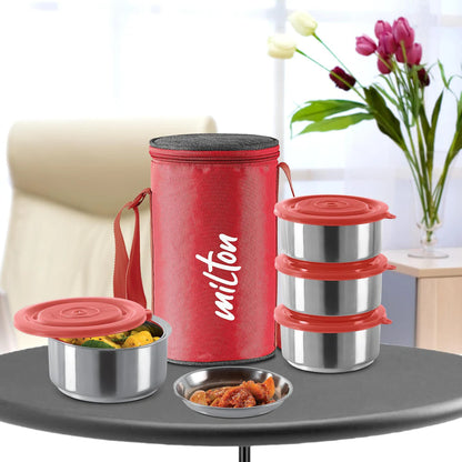 MILTON Ambition 4 Stainless Steel Tiffin, 4 Containers, 300 ml Each with Jacket, Red | Light Weight | Easy to Carry | Leak Proof | Food Grade | Odour Proof