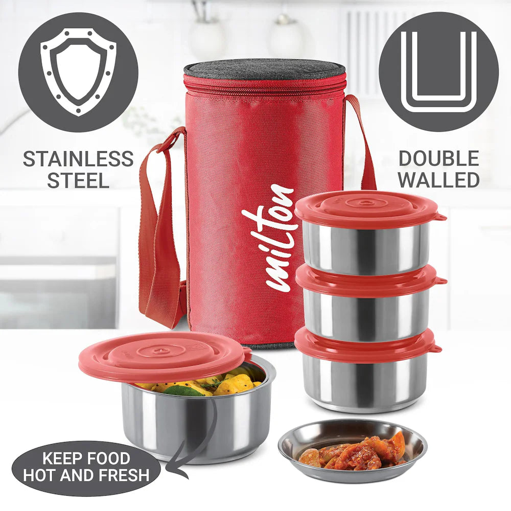 MILTON Ambition 4 Stainless Steel Tiffin, 4 Containers, 300 ml Each with Jacket, Red | Light Weight | Easy to Carry | Leak Proof | Food Grade | Odour Proof