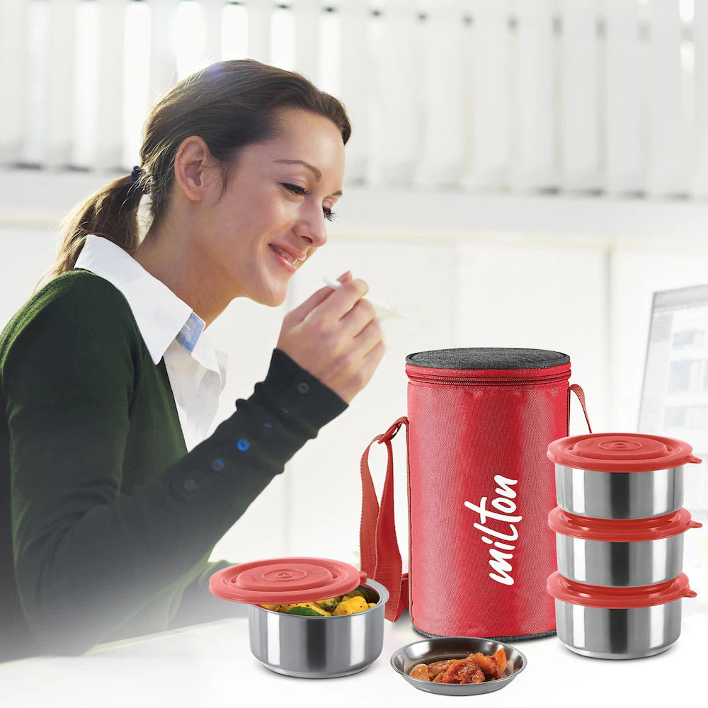 MILTON Ambition 4 Stainless Steel Tiffin, 4 Containers, 300 ml Each with Jacket, Red | Light Weight | Easy to Carry | Leak Proof | Food Grade | Odour Proof