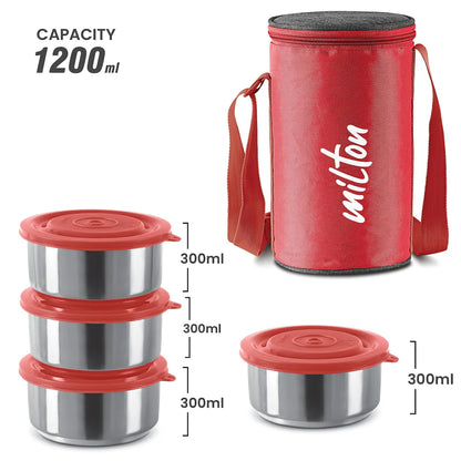 MILTON Ambition 4 Stainless Steel Tiffin, 4 Containers, 300 ml Each with Jacket, Red | Light Weight | Easy to Carry | Leak Proof | Food Grade | Odour Proof