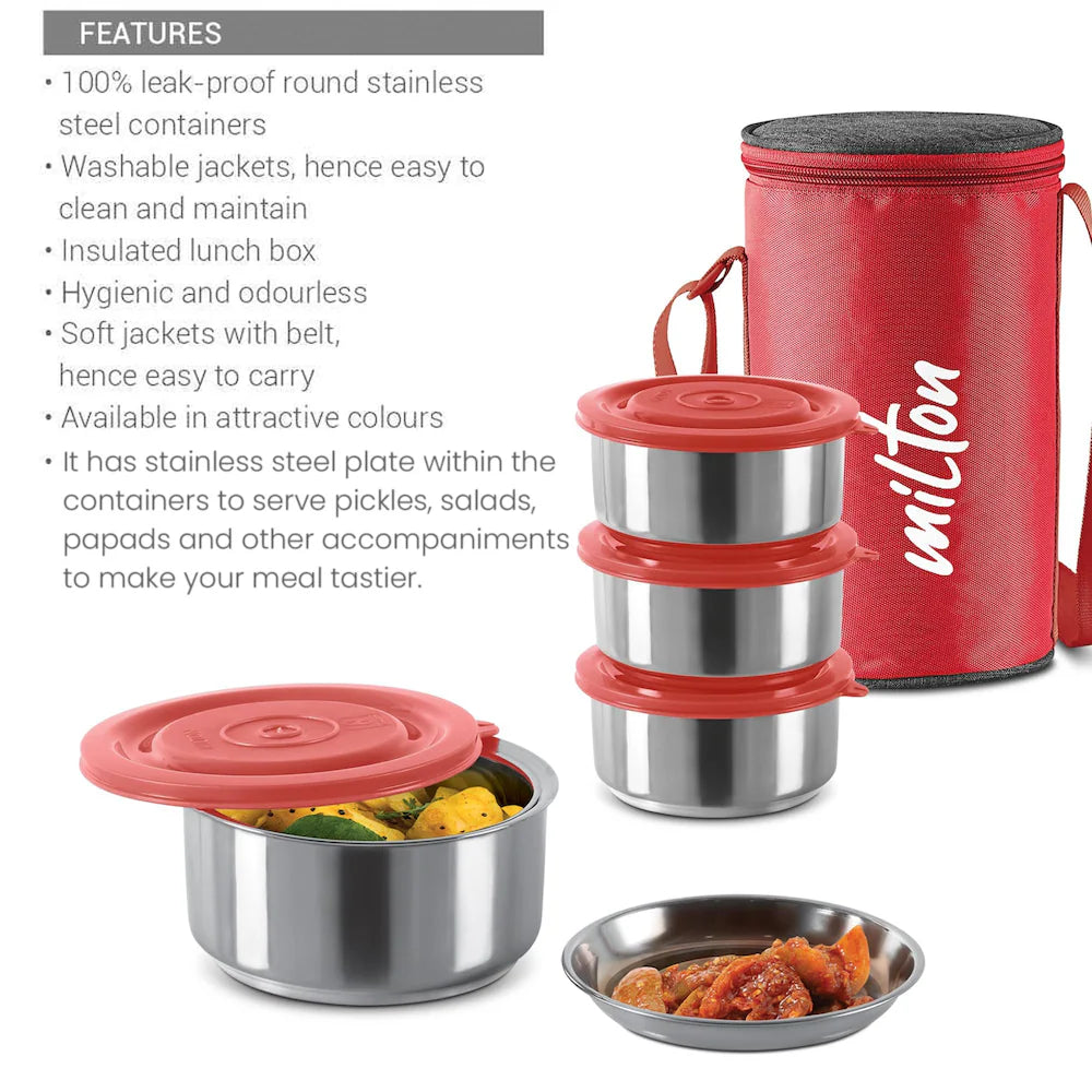 MILTON Ambition 4 Stainless Steel Tiffin, 4 Containers, 300 ml Each with Jacket, Red | Light Weight | Easy to Carry | Leak Proof | Food Grade | Odour Proof