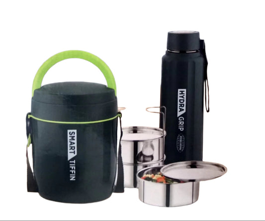 Asian Daily Dynamo Pack – Smart Tiffin Carrier with 3 Stainless Steel Leak-Proof Containers + 700ml Hydra Grip Insulated Bottle | Ideal for Office, School & Travel