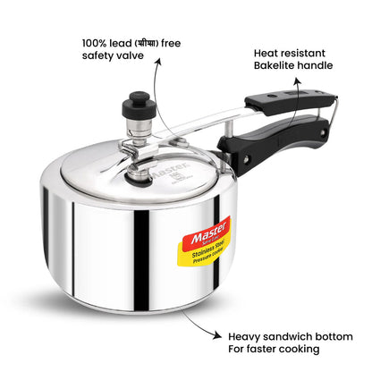 Master Gloria 2 Liter Stainless Steel Pressure Cooker Inner Lid | Cooks for 2-3 Person Meal | Premium Bakelite Handle With Sandwich Bottom | Induction Base & Gas Stove Compatible