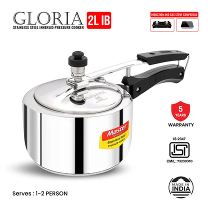 Master Gloria 2 Liter Stainless Steel Pressure Cooker Inner Lid | Cooks for 2-3 Person Meal | Premium Bakelite Handle With Sandwich Bottom | Induction Base & Gas Stove Compatible