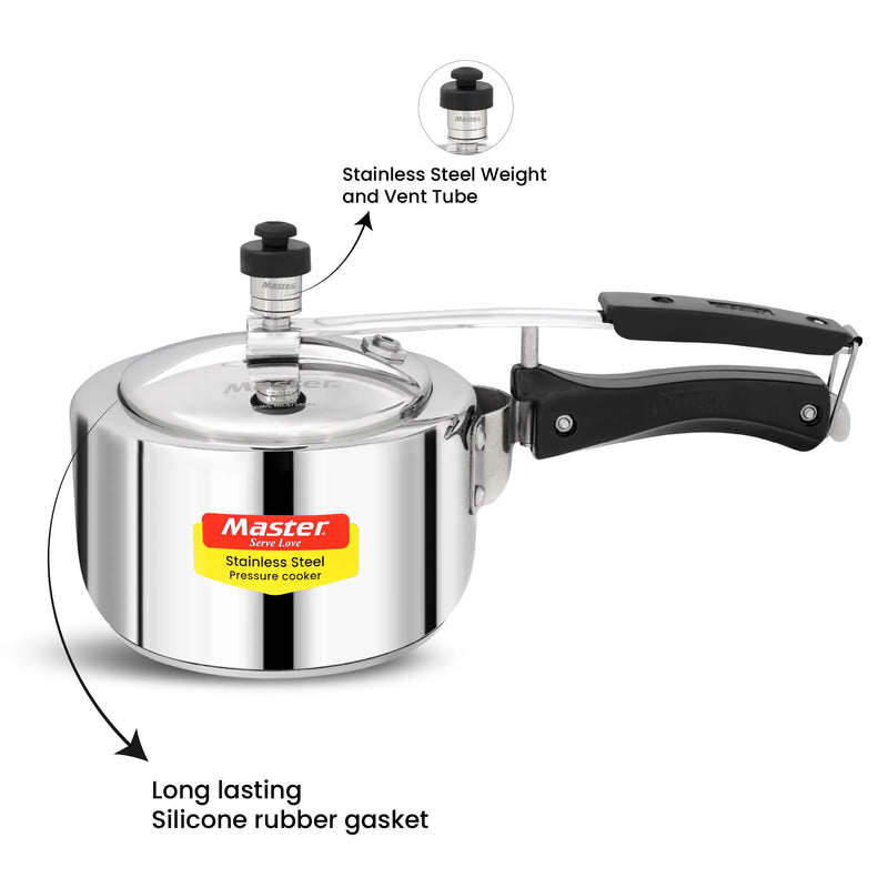 Master Gloria 2 Liter Stainless Steel Pressure Cooker Inner Lid | Cooks for 2-3 Person Meal | Premium Bakelite Handle With Sandwich Bottom | Induction Base & Gas Stove Compatible