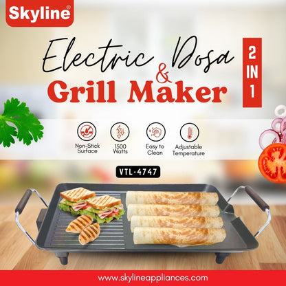 Skyline 2-in-1 Electric Dosa & Grill Maker | Black VTL-4747 | 1500W Non-Stick Cooking Surface