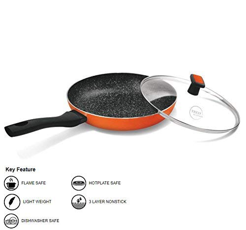 Treo Granito non induction Fry Pan 28 cm with Glass Lid, 1 Pc, Black&amp;Orange.