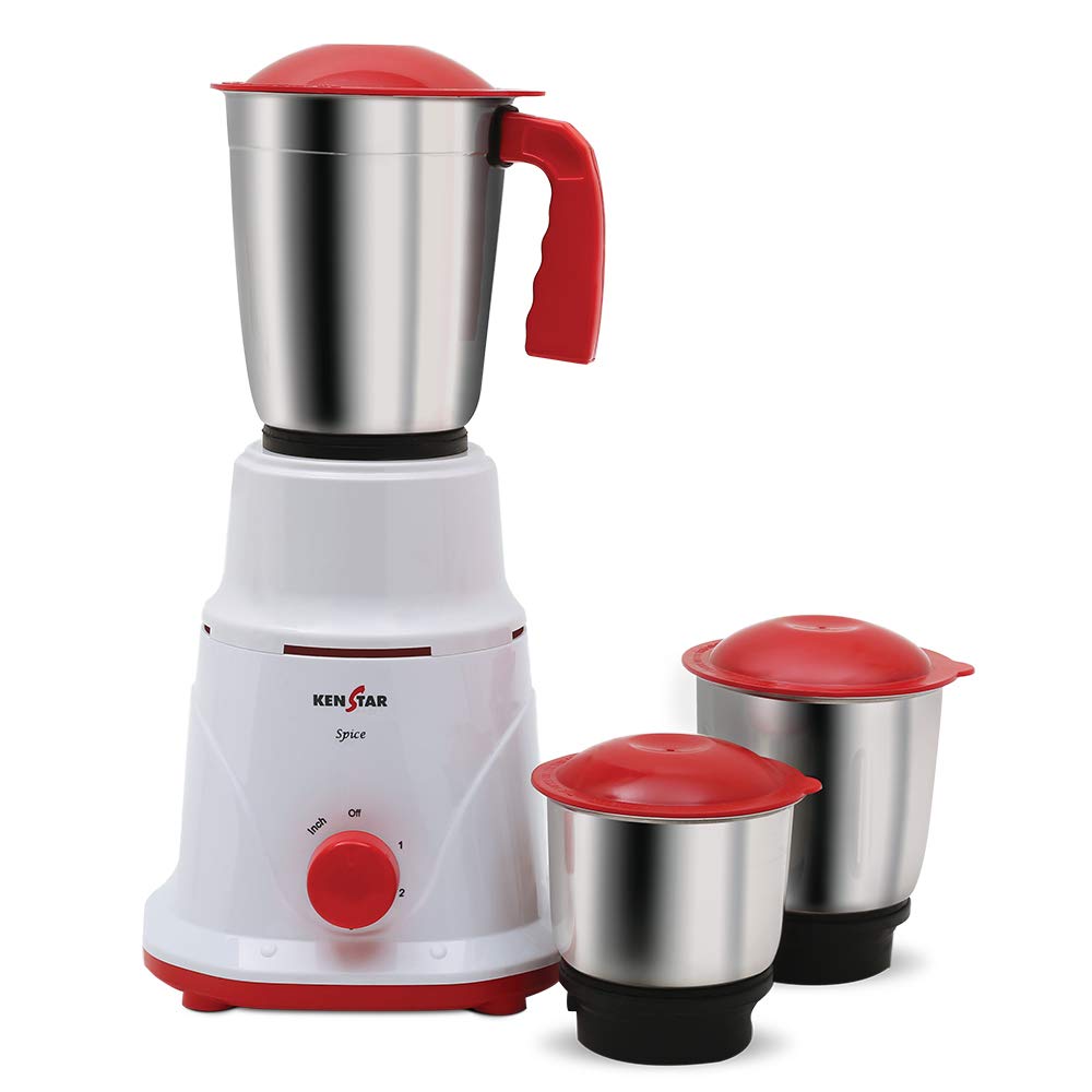 KENSTAR SPICE 500-WATT MIXER GRINGER WITH 3 JARS (WHITE & RED)