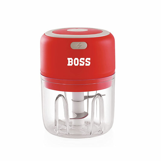 BOSS Mini USB Chopper, 250 ml Rechargeable Wireless Chopper for Kitchen, One Touch Operation with Stainless Steel Blades - Red
