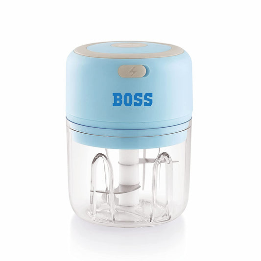 BOSS Mini USB Chopper, 250 ml Rechargeable Wireless Chopper for Kitchen, One Touch Operation with Stainless Steel Blades - Blue