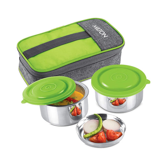 Milton Pasto Lunch Box 2 Double Wall Stainless Steel Containers with Denim Insulated Jacket, Set of 2, 350 ml, Red - Green