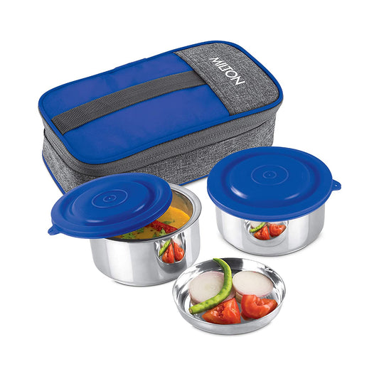 Milton Pasto Lunch Box 2 Double Wall Stainless Steel Containers with Denim Insulated Jacket, Set of 2, 350 ml, Red - Blue